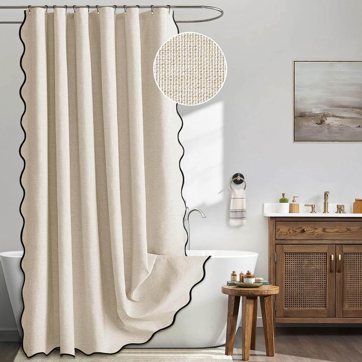 72"x84" Extra Long Scalloped Linen Shower Curtain Cream Beige