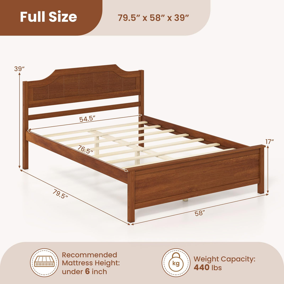 Full Size Wooden Bed Frame with Headboard, Wood Slat Support