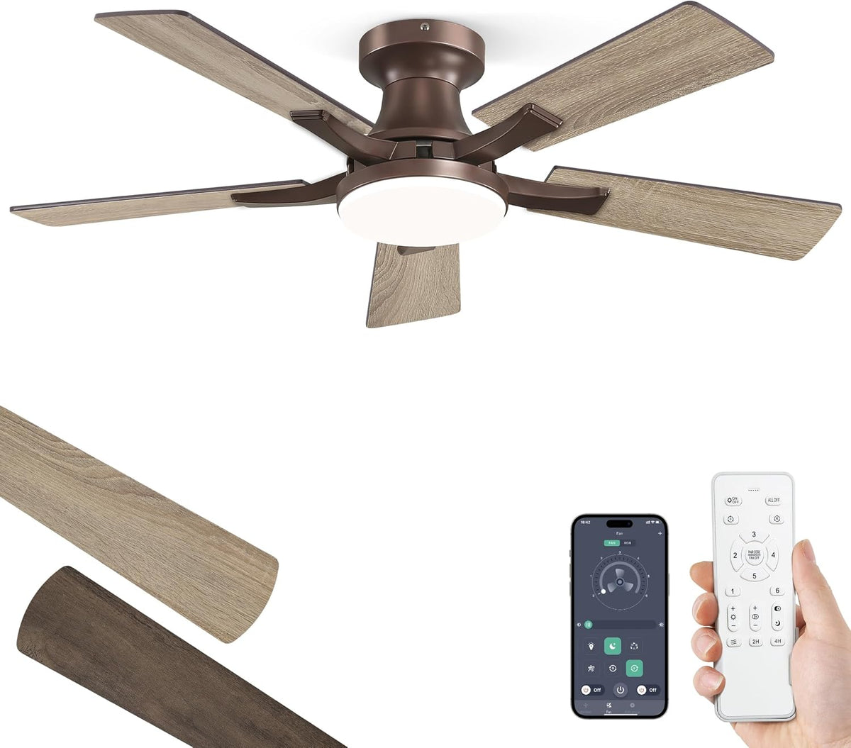 42" Brown Flush Mount Ceiling Fan with Light & Remote