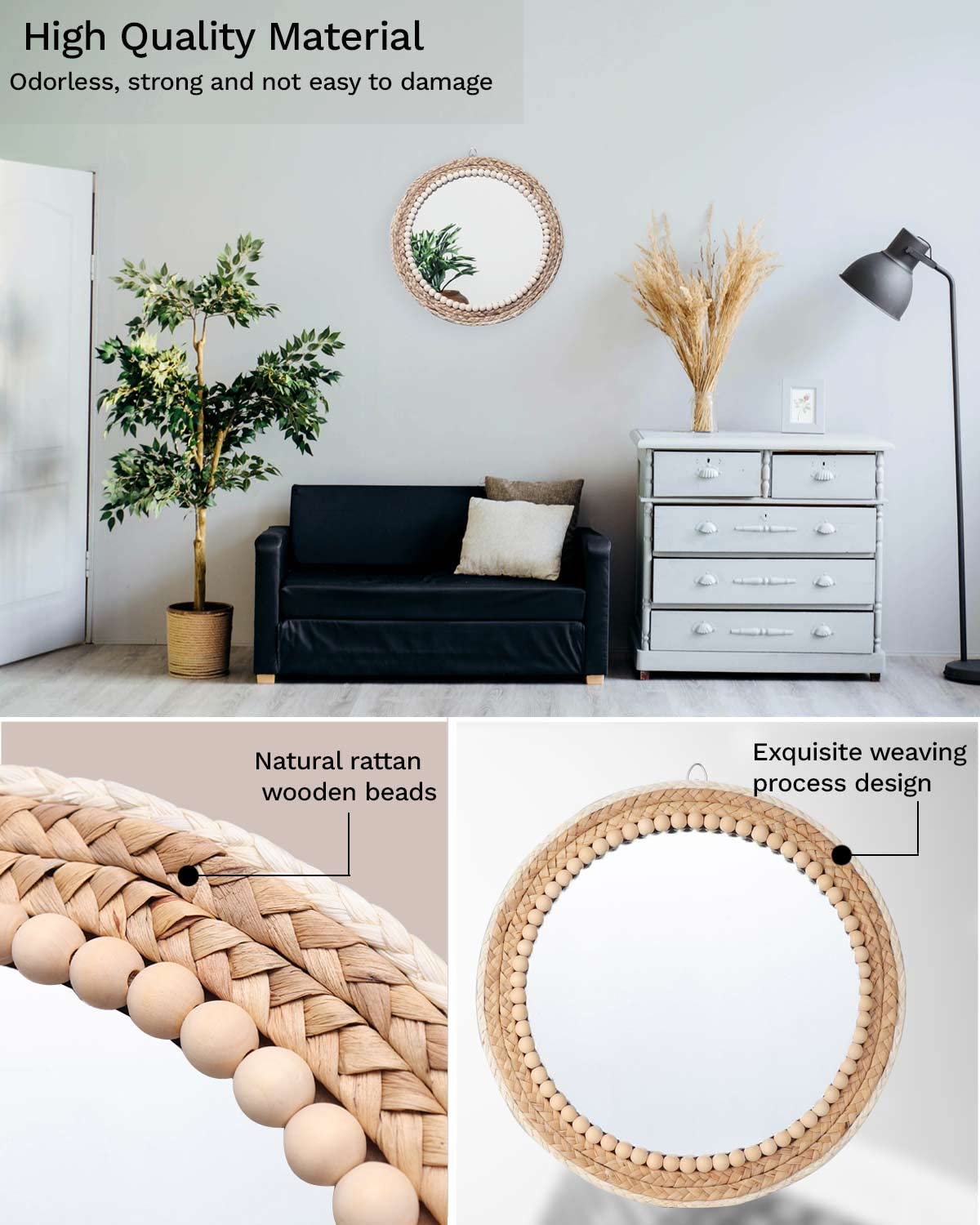 Boho Wall Mounted Round Mirror - 15 Inch Circle Rattan Decorative Hanging Mirror