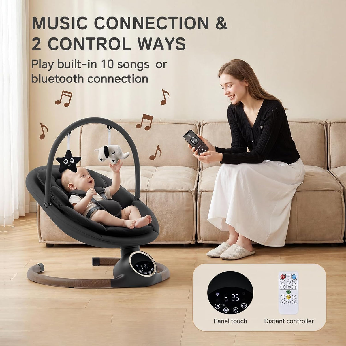 Swing for Infants with 5 Point Harness, 5 Speeds Infant Swing with Soft Cushion, 10 Songs and Bluetooth Music