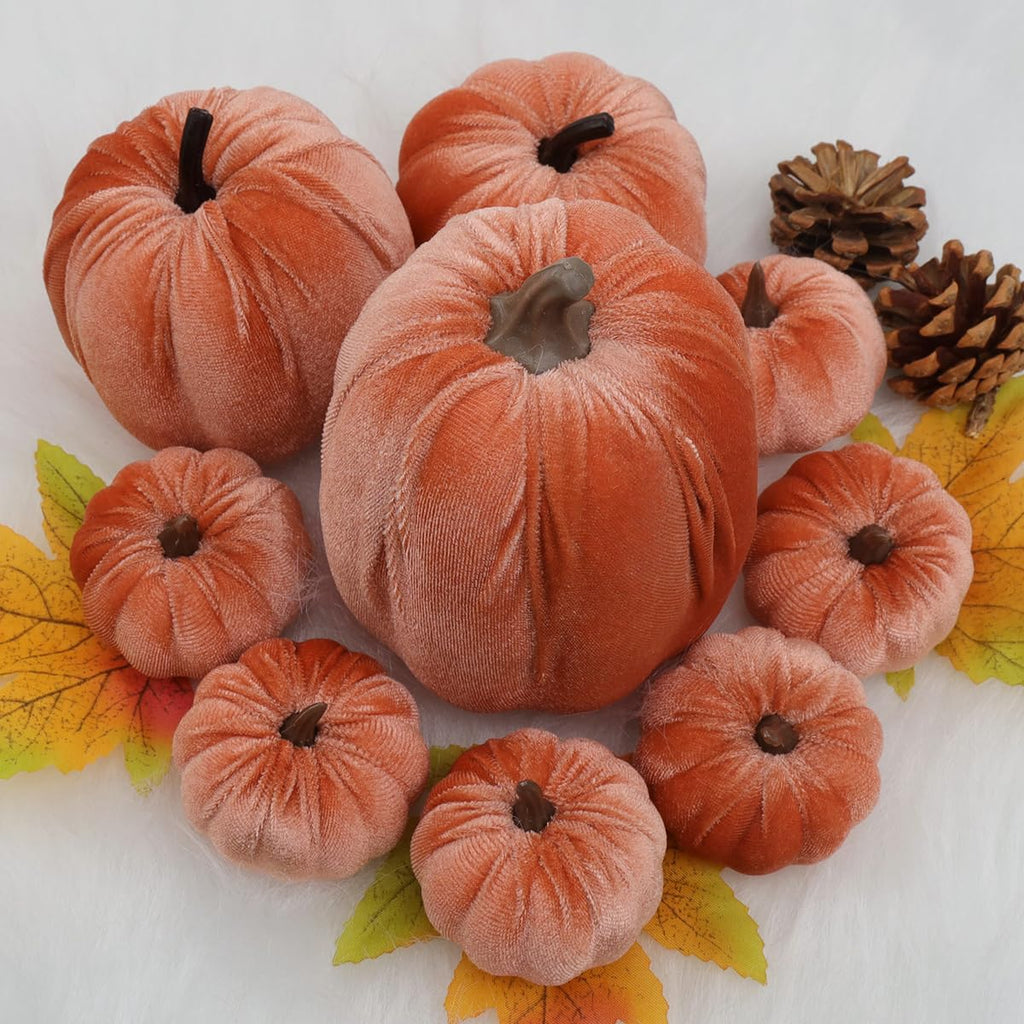 9Pcs Thanksgiving Velvet Pumpkins Decor Orange Small Faux Pumpkin