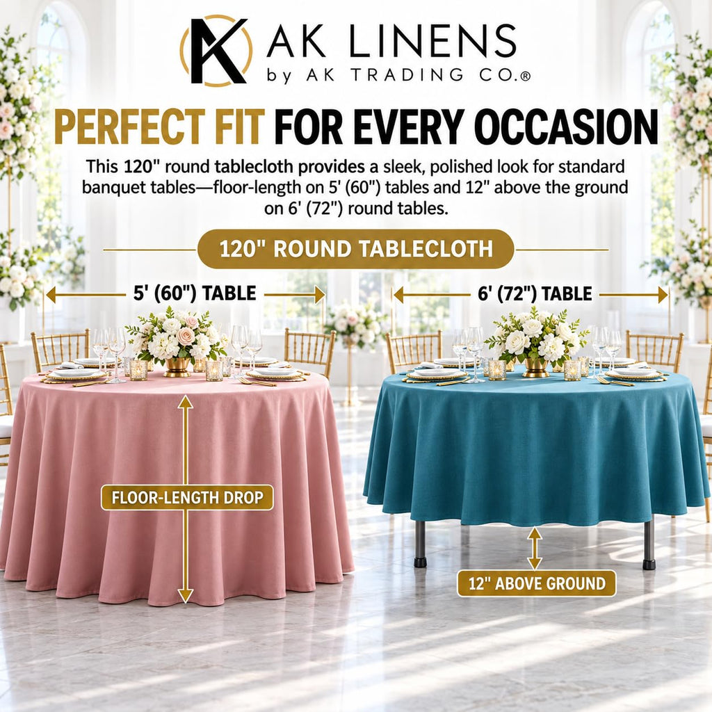 120-Inch Round Polyester Tablecloth, Made in USA, Wrinkle-Resistant & Flame Retardant Table Cover for Weddings