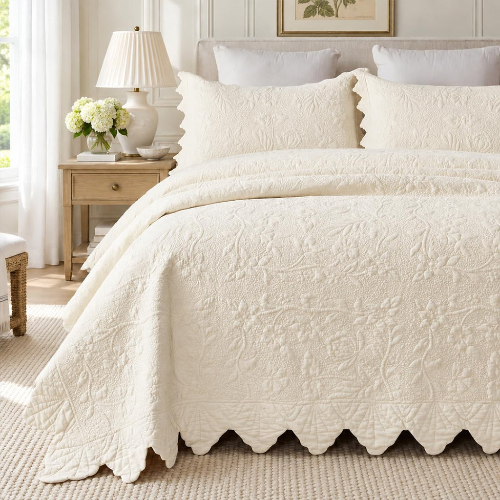 Cream Cotton Quilt Set King Scalloped Matelasse Coverlet 3PC