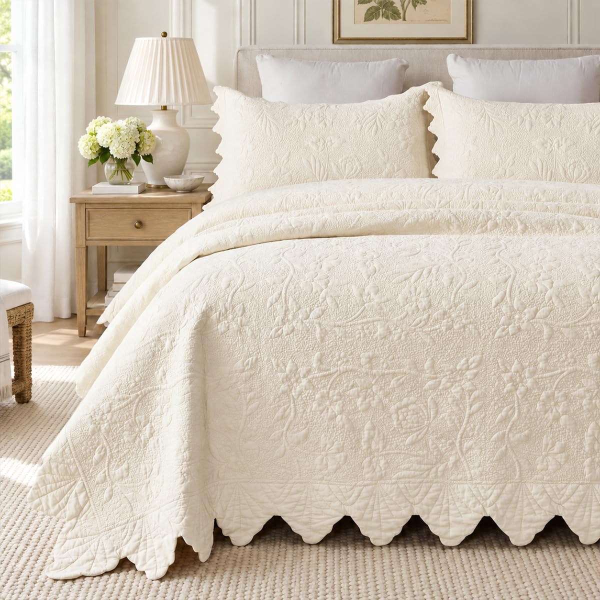 Cream Cotton Quilt Set King Scalloped Matelasse Coverlet 3PC
