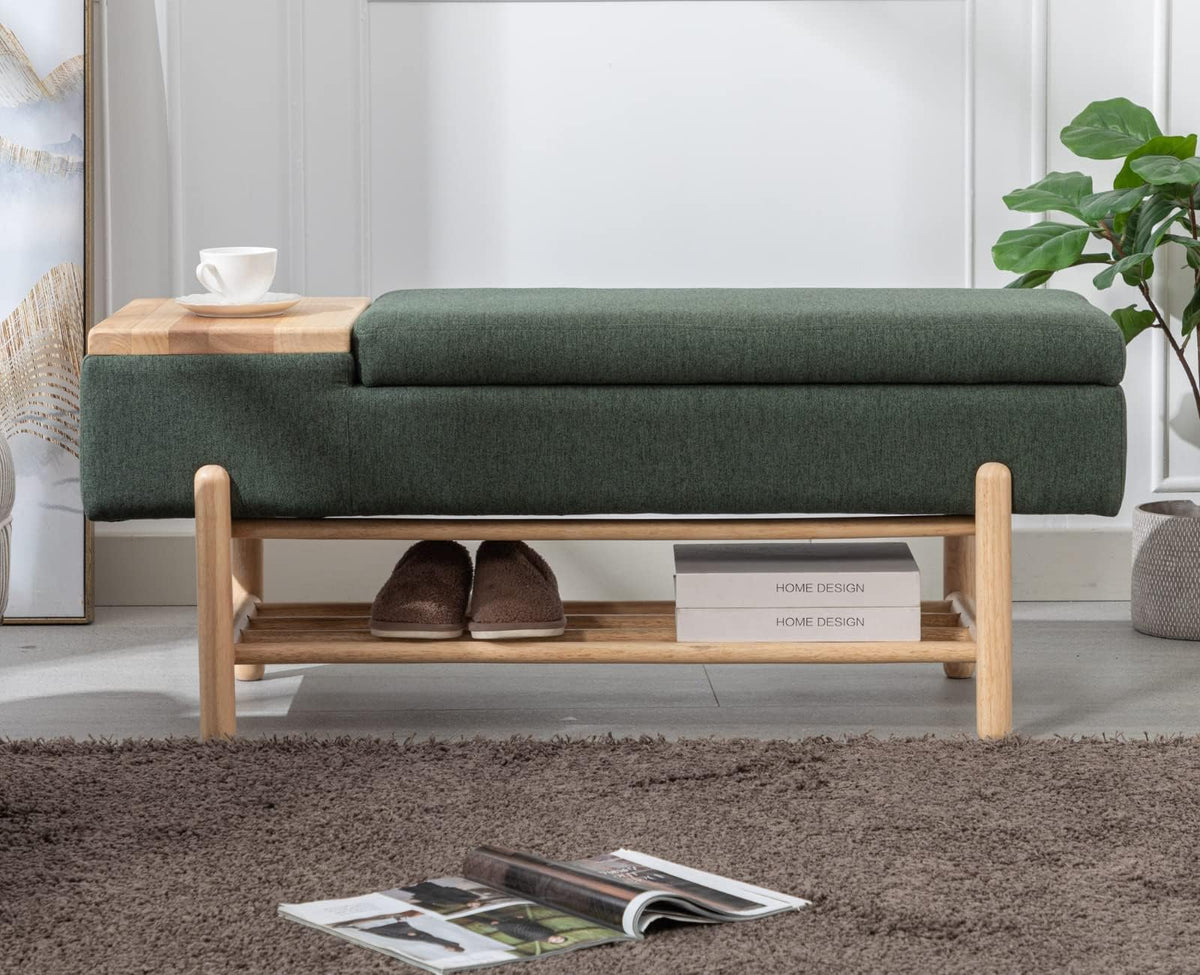 Modern Storage Bench End of Bed Linen Upholstered Entryway Bench with Shoe Rack Ottoman Window Bench with Wood Frame