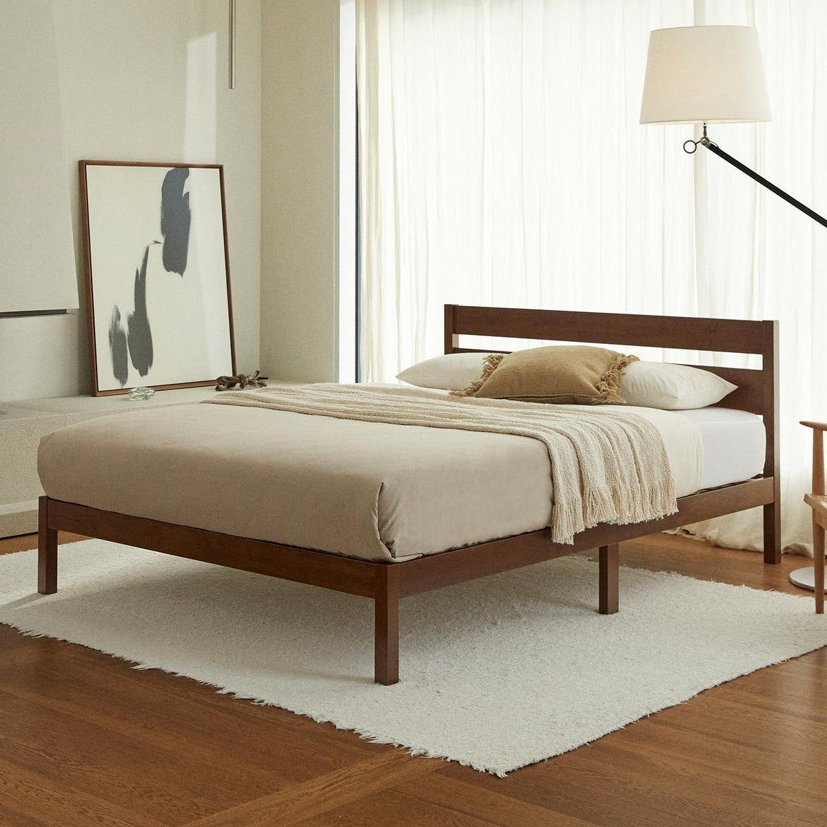 Full Bed Frame with Headboard Classic Wood Platform, Noise Free, Under Bed Storage, No Box Spring Needed, Easy