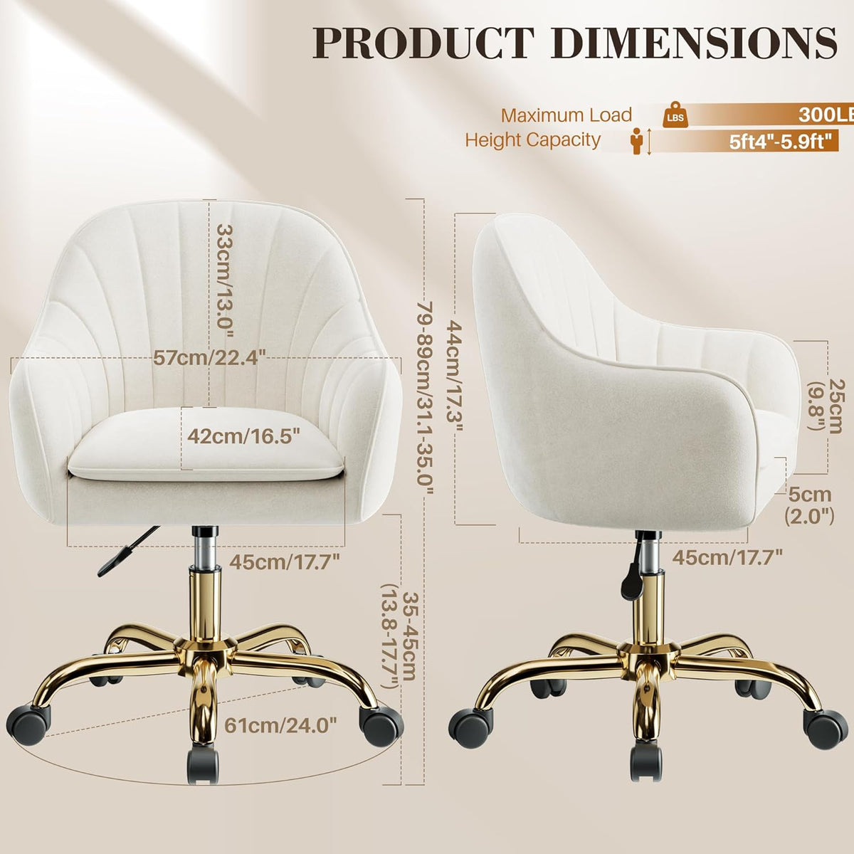 Vanity Chair with Wheels, Comfy Home Office Desk Chairs Adjustable Modern Velvet Makeup Vanity Chairs for Bedroom