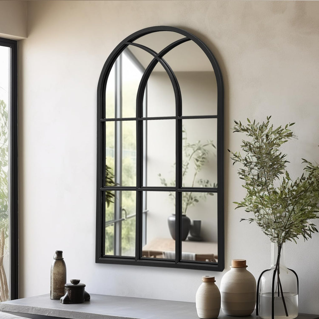 Arched Window Wall Mirror, 42"x24" Windowpane Mirror, Black