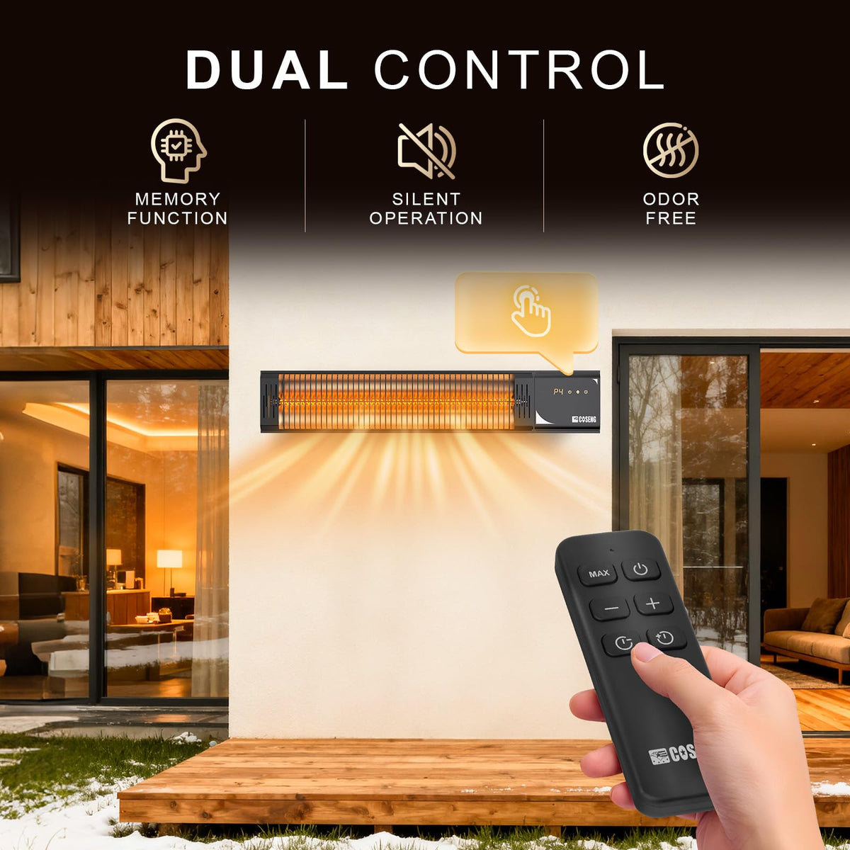 Outdoor Heaters 1500W, 3s Rapid Heating, IP65 Waterproof, 4 Heat Levels, 24H Timer & Memory Function, Touchscreen