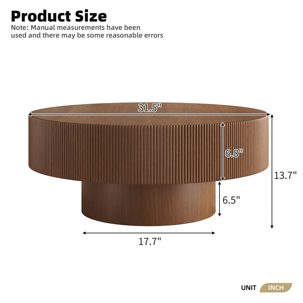 31.5" Round Fluted Coffee Table, Modern Wood Circle Drum Center Table, Accent Side Table with Sturdy Pedestal, Walnut
