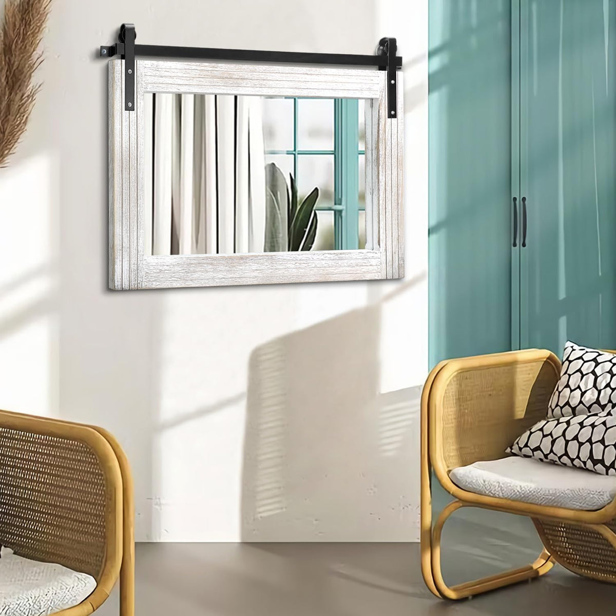 Large Barn Door Mirror with Wood Framed Rectangle Mirrors for Wall Bathroom Vanity Mirror Decorative Farmhouse