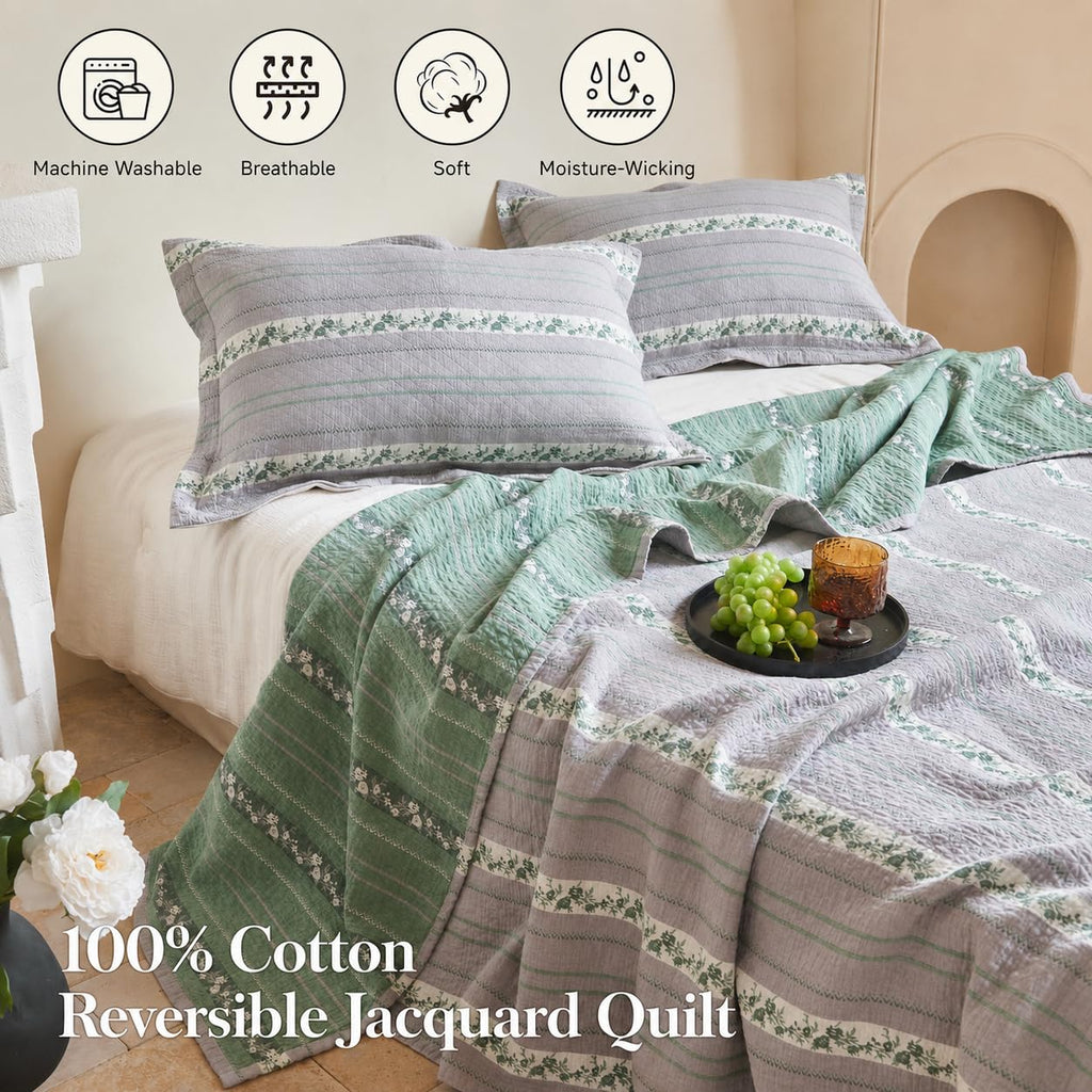 Cotton Jacquard Flower Quilt Set, 3-Piece Botanical Bedspread