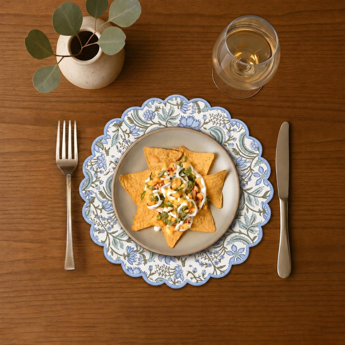 Floral Block Print Round Placemats 15 Inch, Set of 4, Columbia Blue