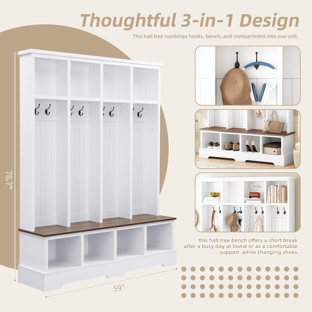 59" W Hall Tree, Farmhouse Entryway Storage and Wood Coat Rack, Entryway Furniture with 8 Hooks, Hall Tree with Bench