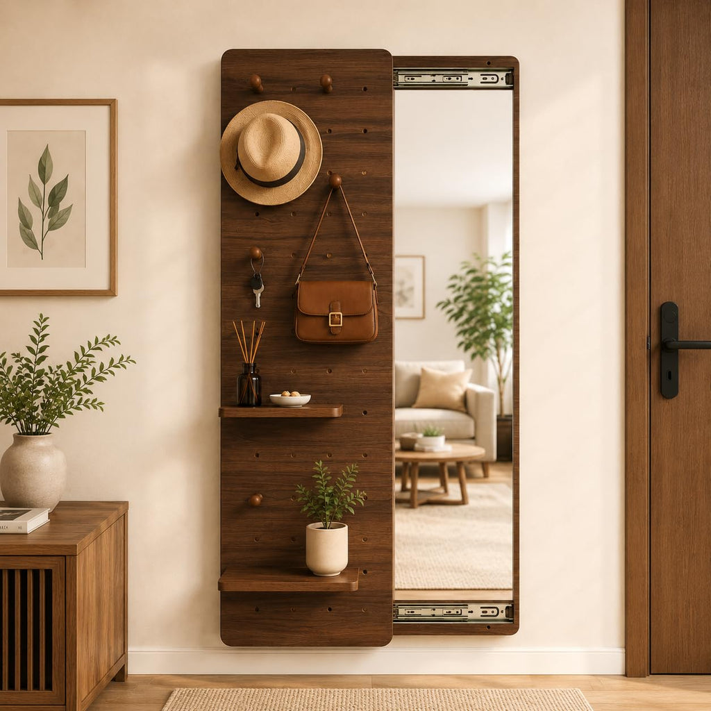 Full Length Mirror with Storage,Wall Mounted Mirror with Pegboard,Rotating Walnut Standing Entryway Mirror