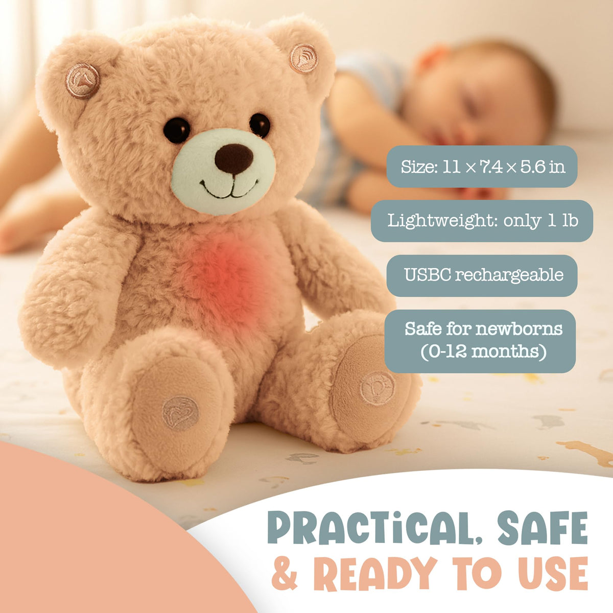 Teddy Bear Plush Heartbeat Sleep Soother for Newborns, 11 Inch