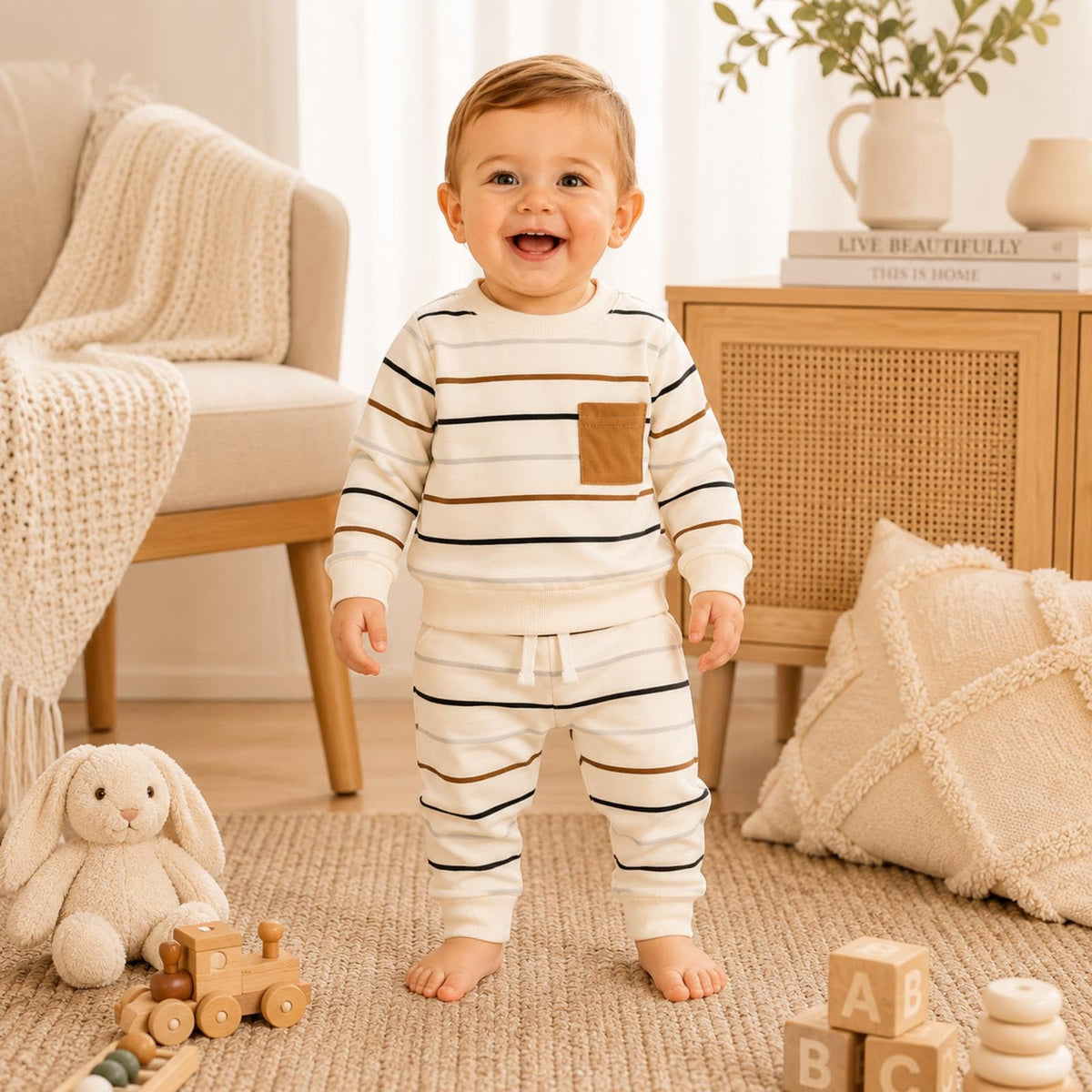 Toddler Baby Boy Fall Winter Outfits Striped Print Long Sleeve Sweatshirt Tops and Casual Pants 2pcs Clothes Set