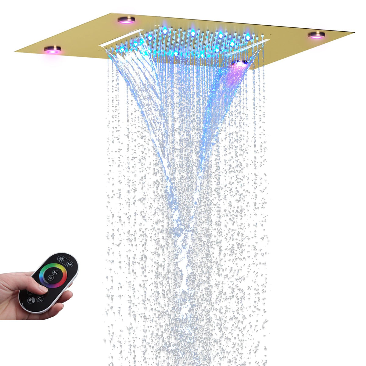 Brushed Gold LED Ceiling Rain Shower Head 14X20 Inch Bathroom Rectangle Embedded Type With Smart LED Lights Control