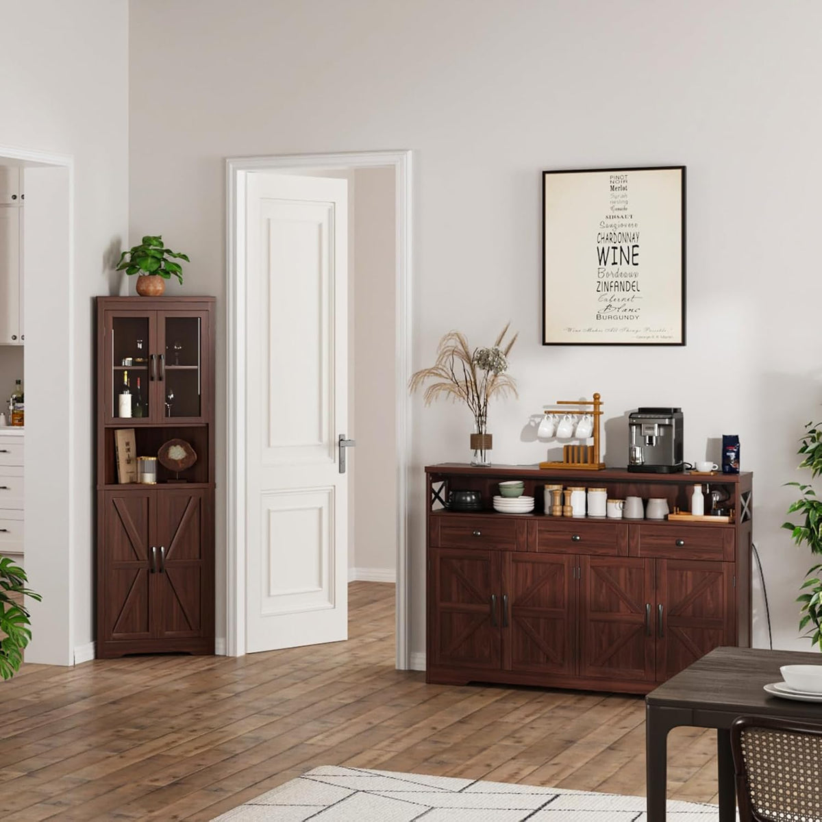 51" Dark Brown Buffet Sideboard Cabinet, Farmhouse Storage Cabinet Kitchen | Pantry with Shelf and Drawers, Wood