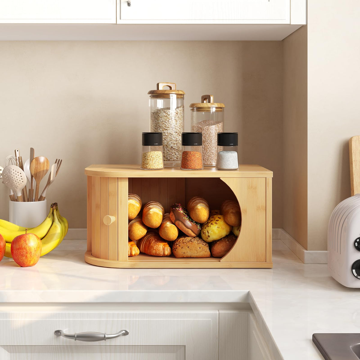 Bamboo Countertop, Roll Top, Bread Storage Container, Corner, Natural