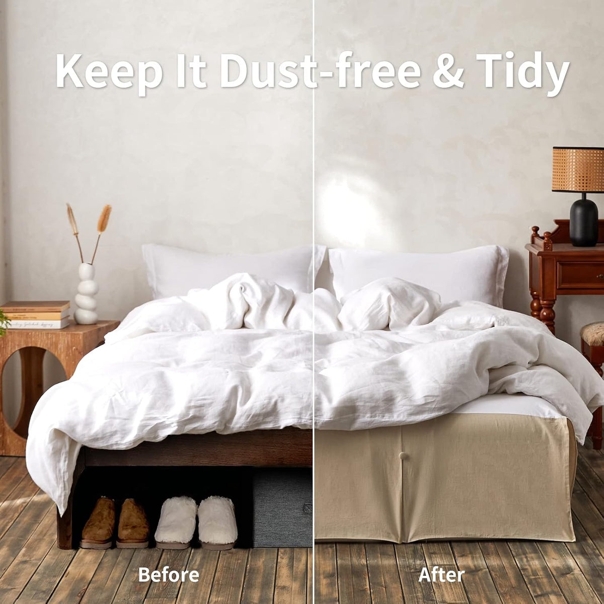French Linen Bed Skirt Split Corner with Button 18-Inch Tailored Drop Natural Flax Cotton Blend Basic Dust Ruffle