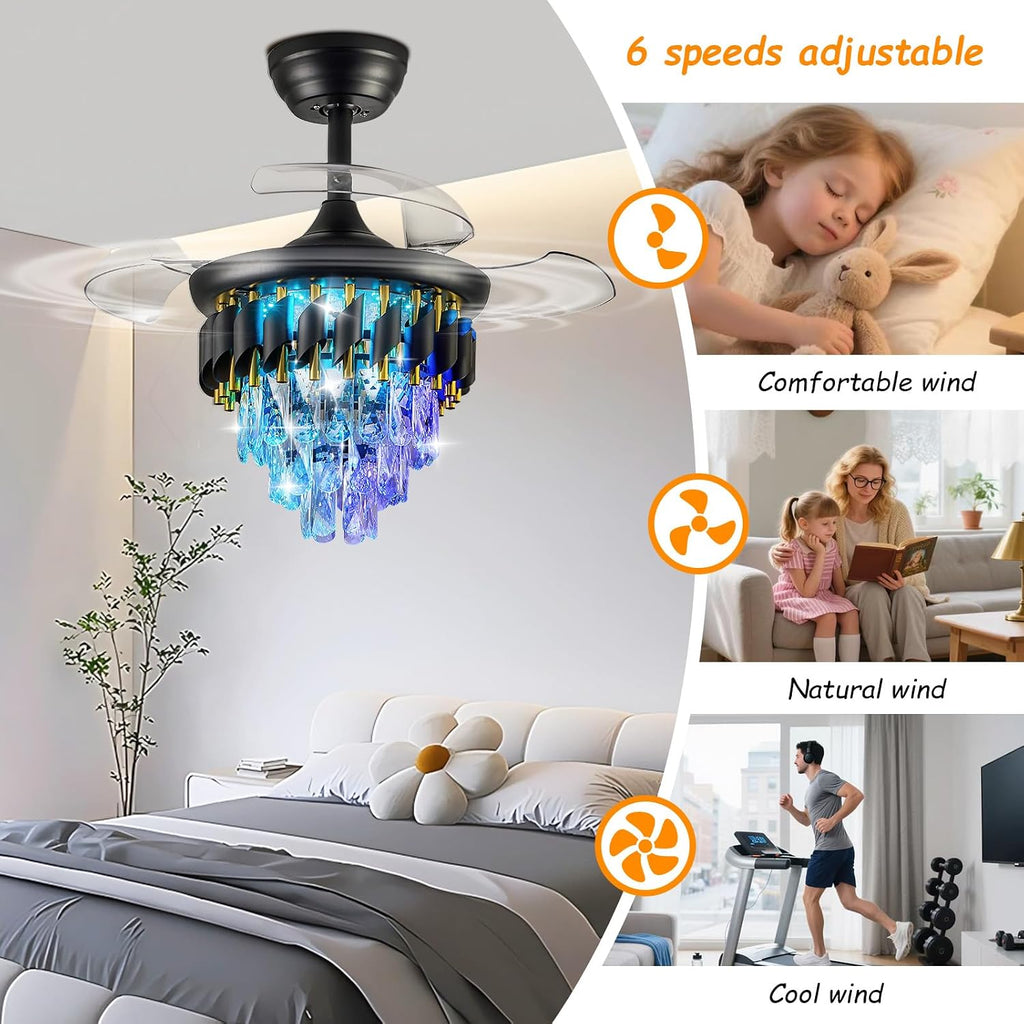 30" Black Crystal Retractable Ceiling Fan with Light
