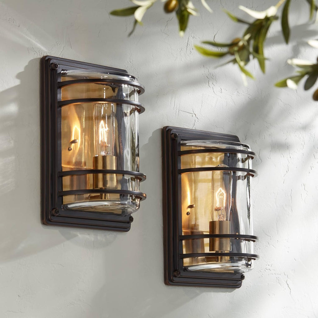 Modern Outdoor Wall Light Fixtures Set of 2 Bronze 11" Clear Glass Shade for Exterior Barn Deck House Porch Yard Patio Outside Garage Front Door Garden Home Roof Lawn