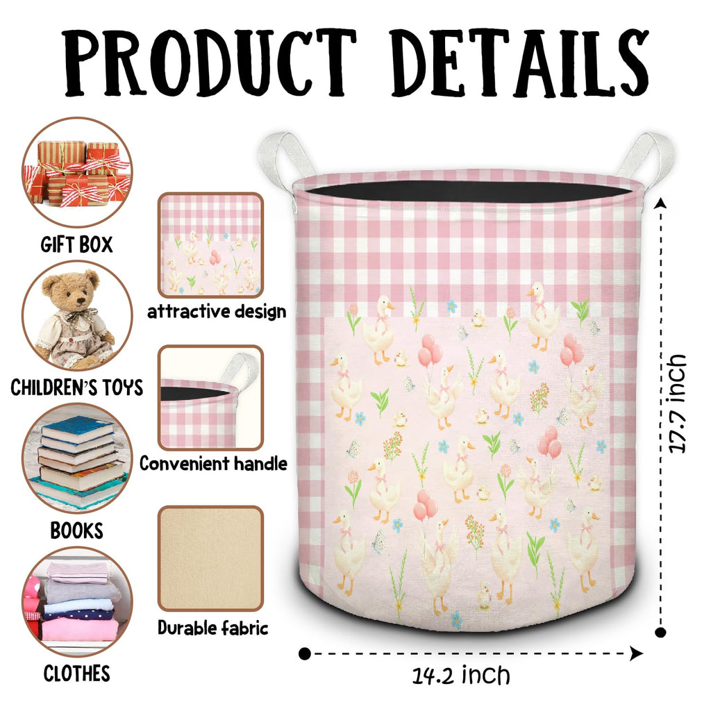 Mother Goose Girl Nursery Laundry Basket, Pink and White Checkered Cute Goose Foldable Laundry Hamper With Handles