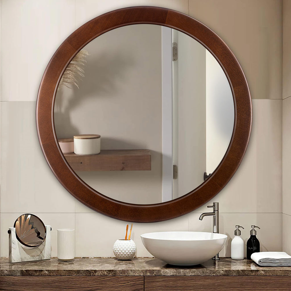 Round Mirrors 30 Inch,Wood Vanity Wall Rustic Mirror With Walnut Frame