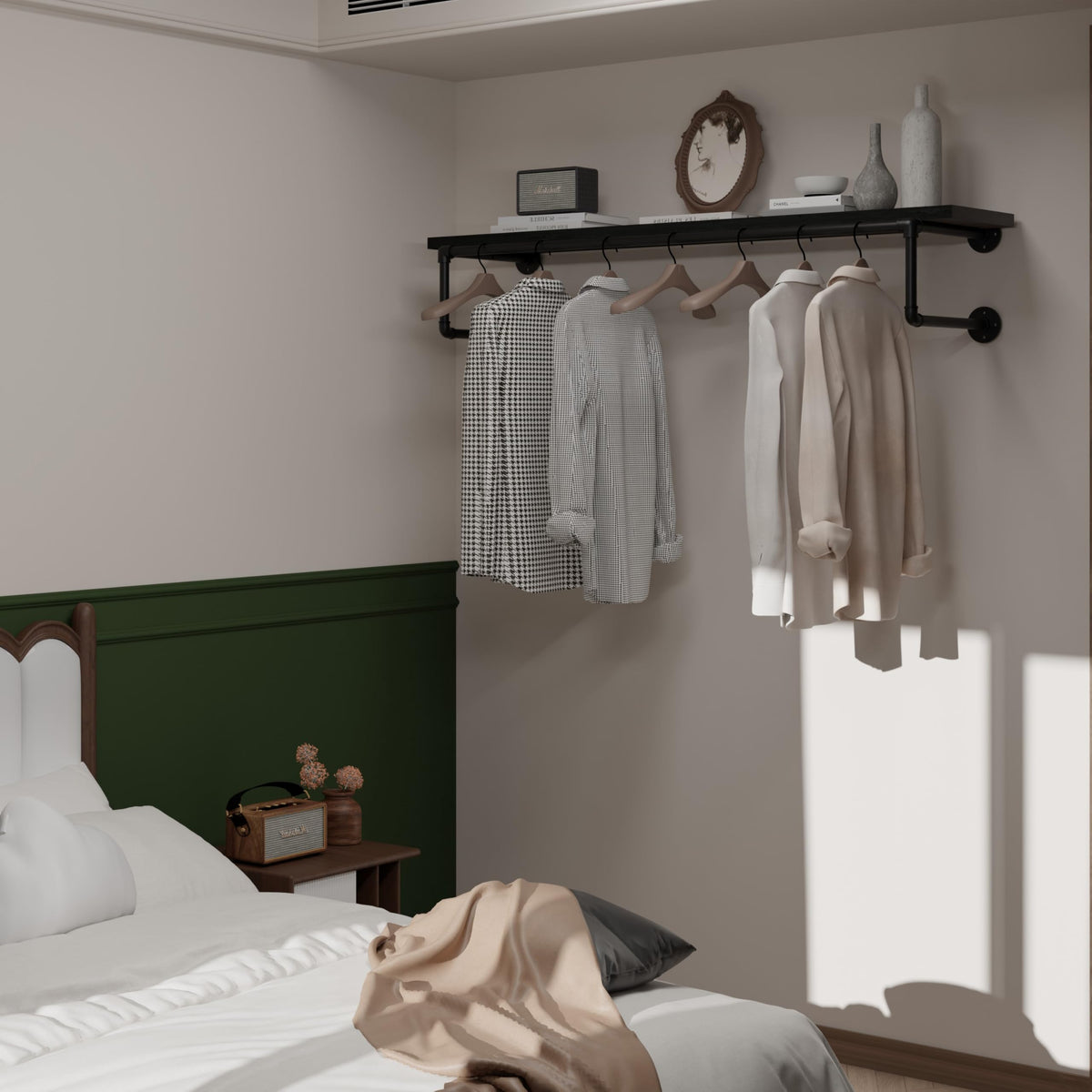 Clothes Rack 48in, Wall Mounted Garment Racks with Real Black Wood Shelf, Heavy Duty Hanging Clothes Rack