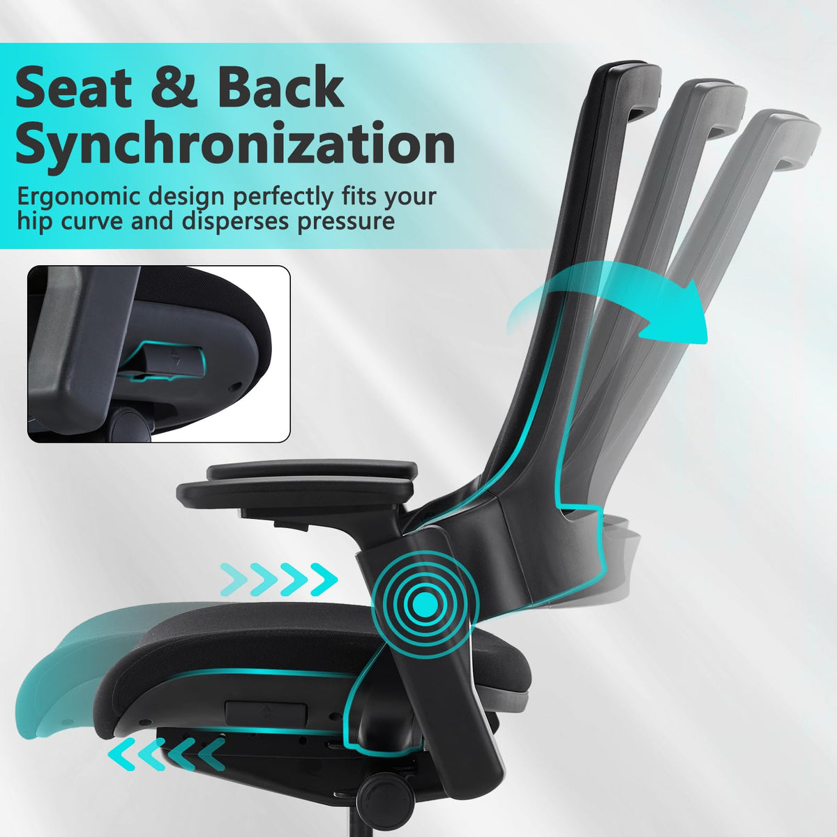 Ergonomic Office Chair — Black Fabric, Flex Back, Adjustable Seat Depth
