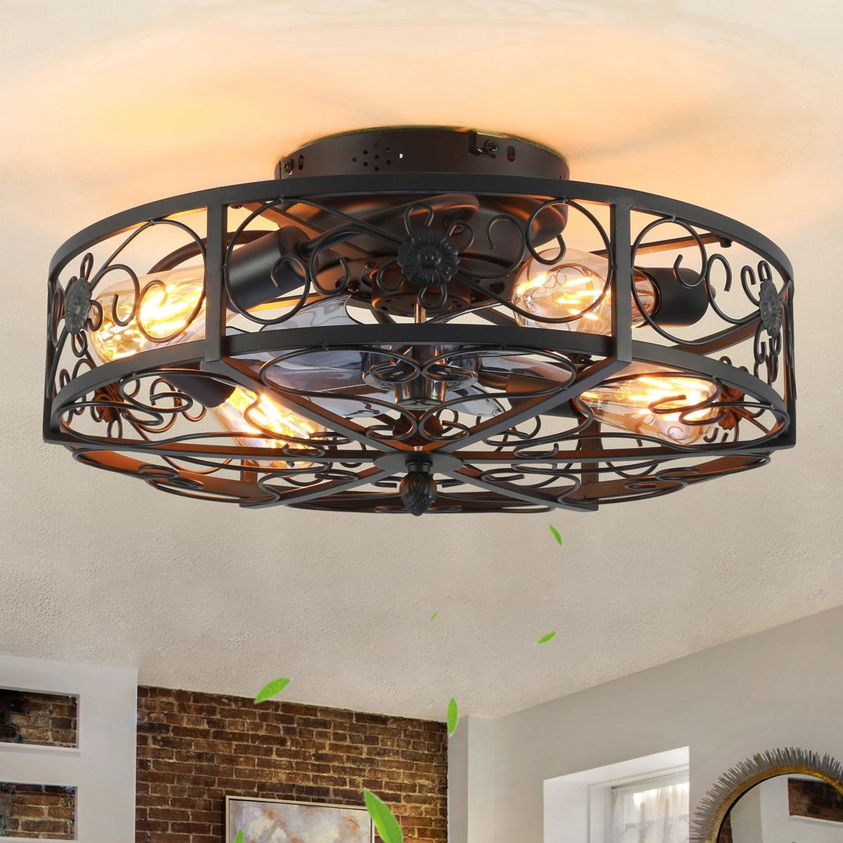 20" Flush Mount Caged Ceiling Fan with Light & Remote