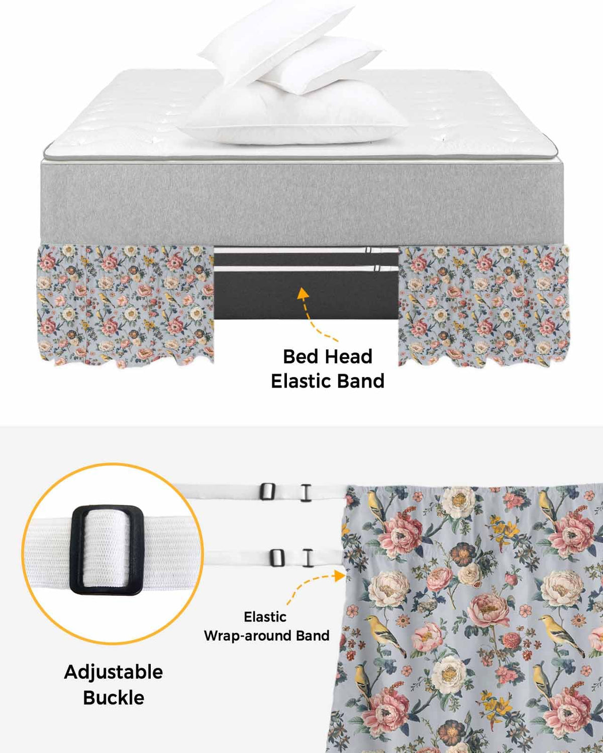 Vintage Spring Floral Bed Skirt 18 Inch Drop, Adjustable Elastic Bedskirt Dust Ruffle for Bed