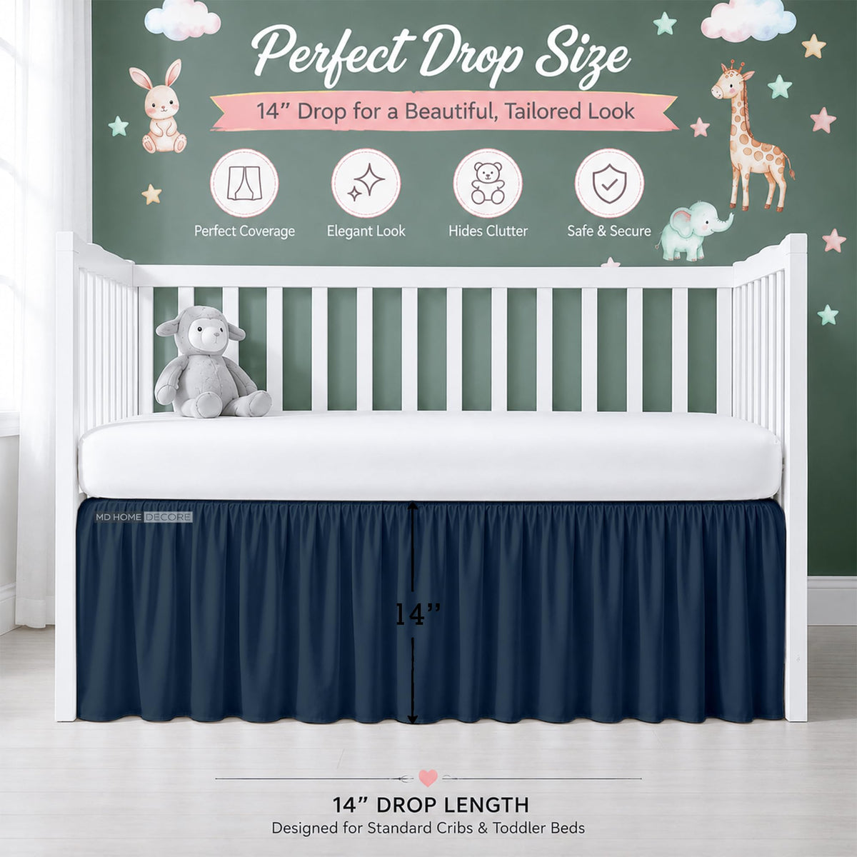 Cotton Crib Bed Skirt Dust Ruffle with Split Corners, 14" Drop, Navy Blue