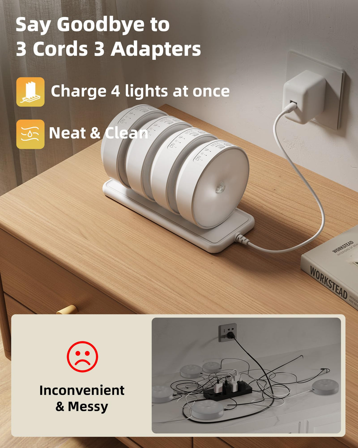 4 Pack Motion Sensor Closet Lights with Charging Station, 1200mAh Rechargeable LED Under Cabinet Lighting, Puck