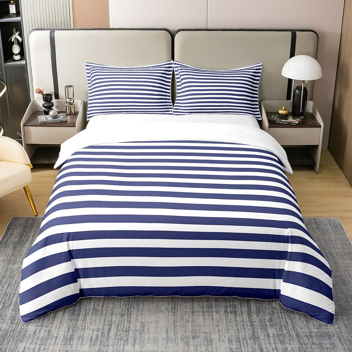 100 Percent Cotton Navy Blue Stripe Duvet Cover White Geometric Ticking Stripes Comforter Cover Farmhouse