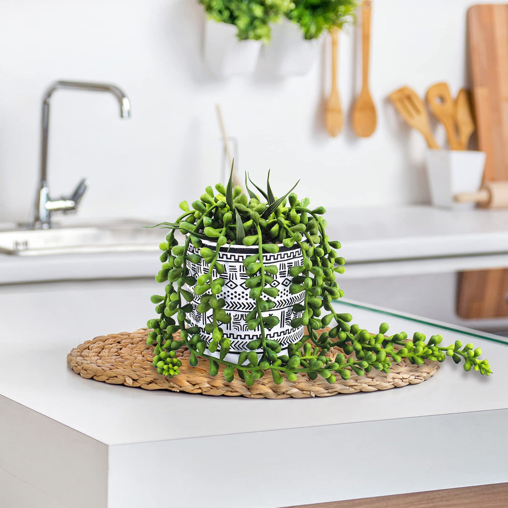 3 Pcs Small Potted Succulents Plants Artificial String of Pearls Aloe Hops Succulents in Black Geometric Concrete