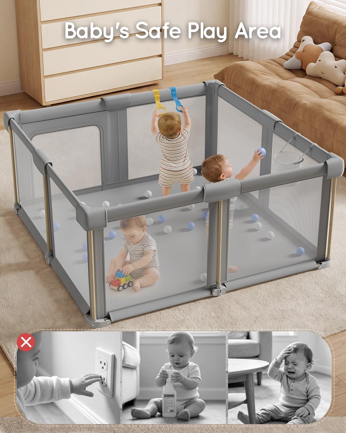 Foldable Baby Playpen, 59 x 59 Collapsible Play Pen for Babies 6-12 Months
