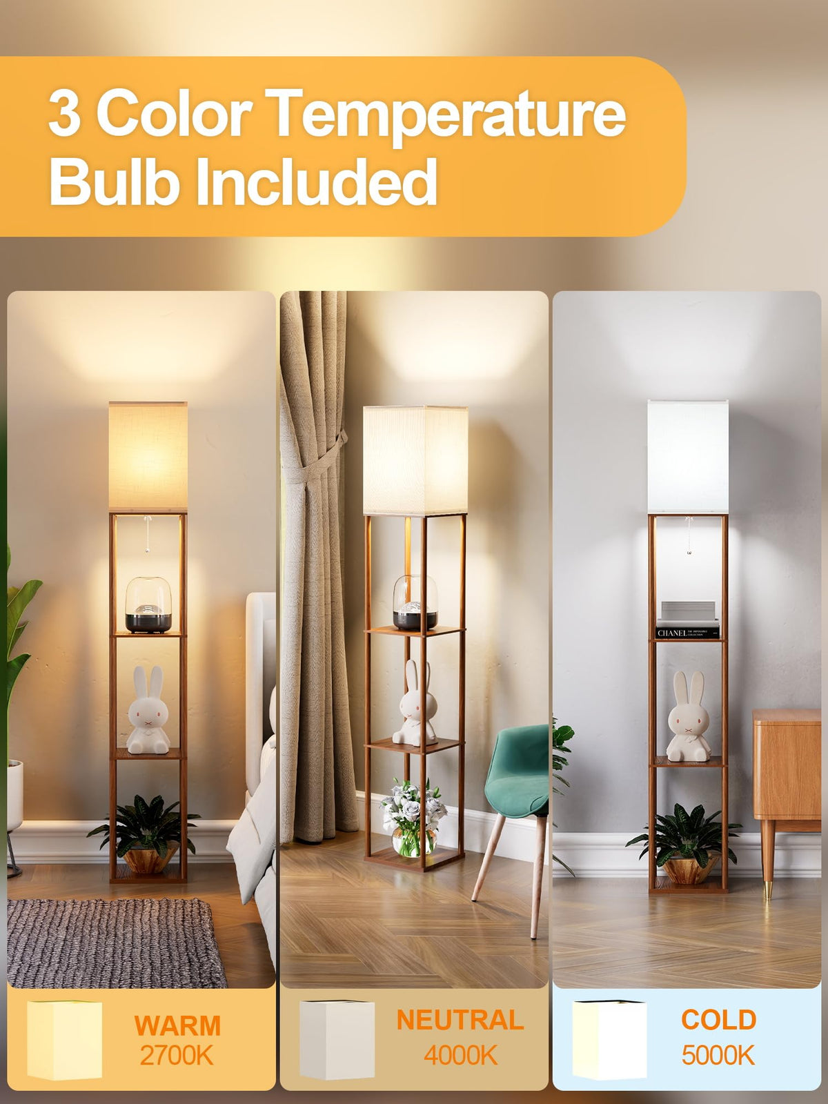 Floor Lamp with Shelves Walnut Brown, Shelf Floor Lamp with 3 CCT LED Bulb, Corner Display Standing Column Lamp