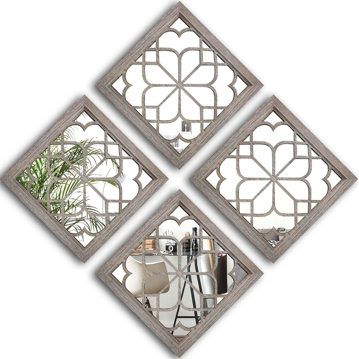 Set of 4 Mirrors Square Wall Mirror,Gorgeous Rustic Farmhouse Accent Mirror,Barn Wood Color Entry Mirror