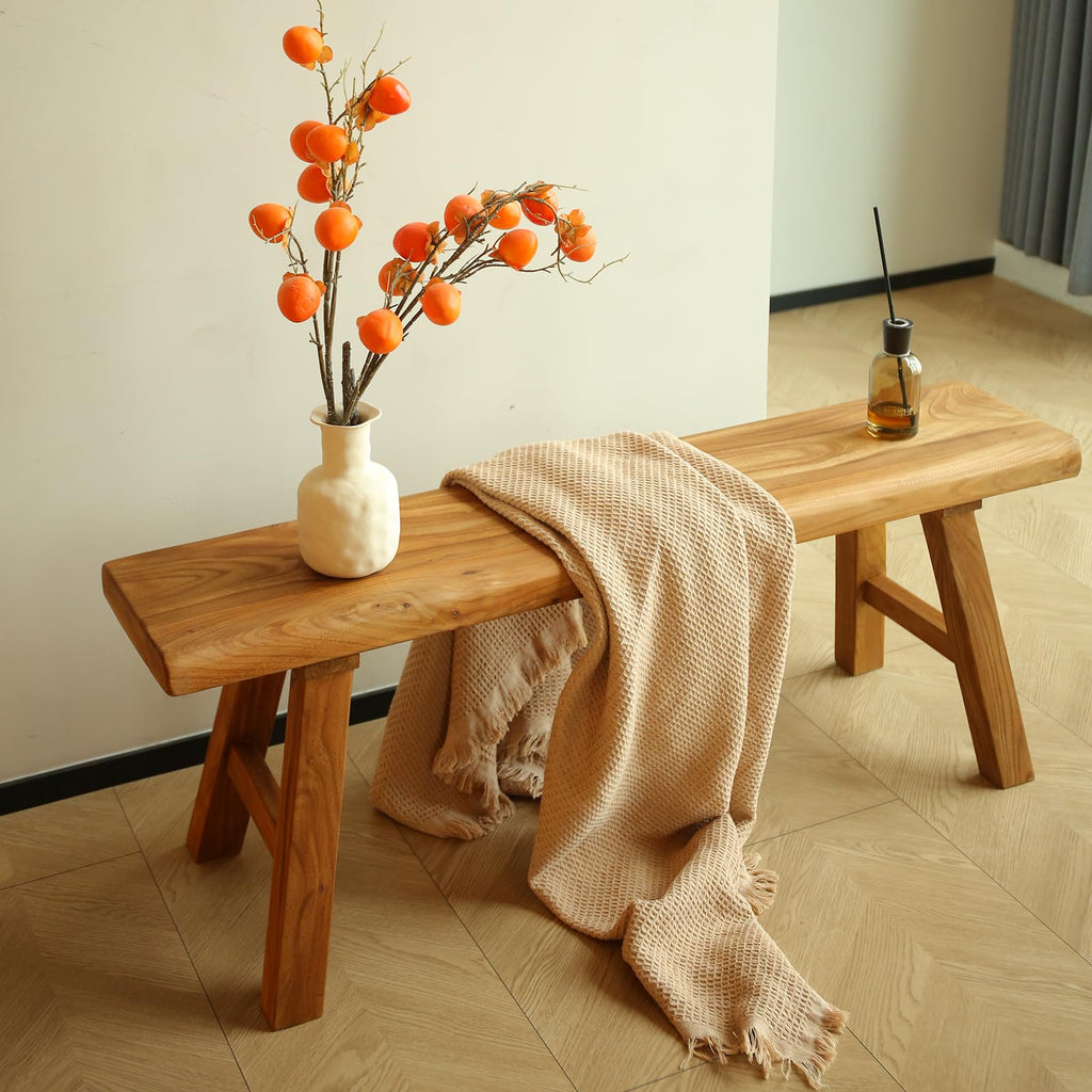 Wooden Bench Indoor - Rustic Farmhouse Narrow Entryway Bench with Slim Skinny Design, Natural Solid Wood, Perfect