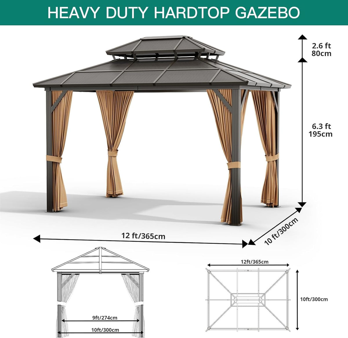 12'x10' Hardtop Gazebo, Heavy Duty Aluminum Permanent Hardtop Gazebo Outdoor Pavilion with Curtains and Netting (Khaki