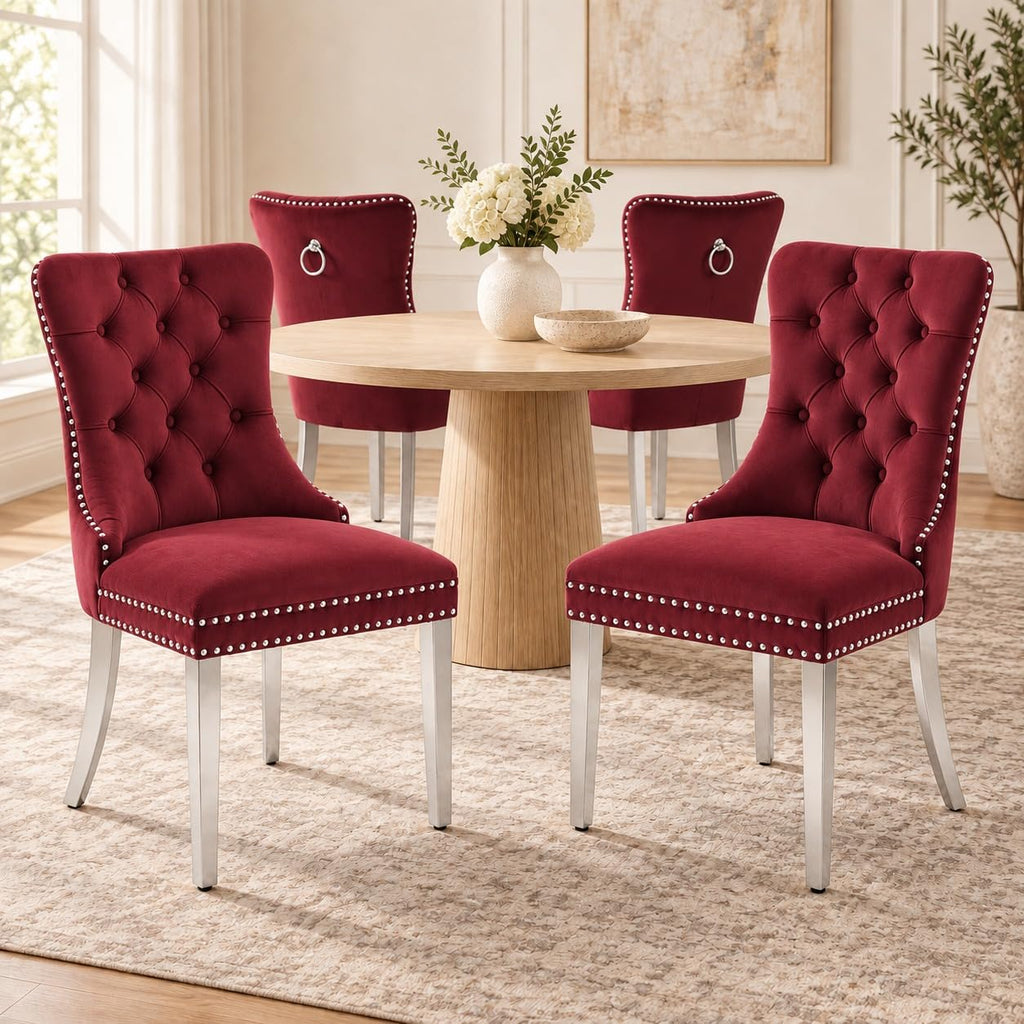 Mid Century Modern Dining Chairs Set of 4, Velvet Upholstered Kitchen & Dining Room Chairs with Nailhead Trim &