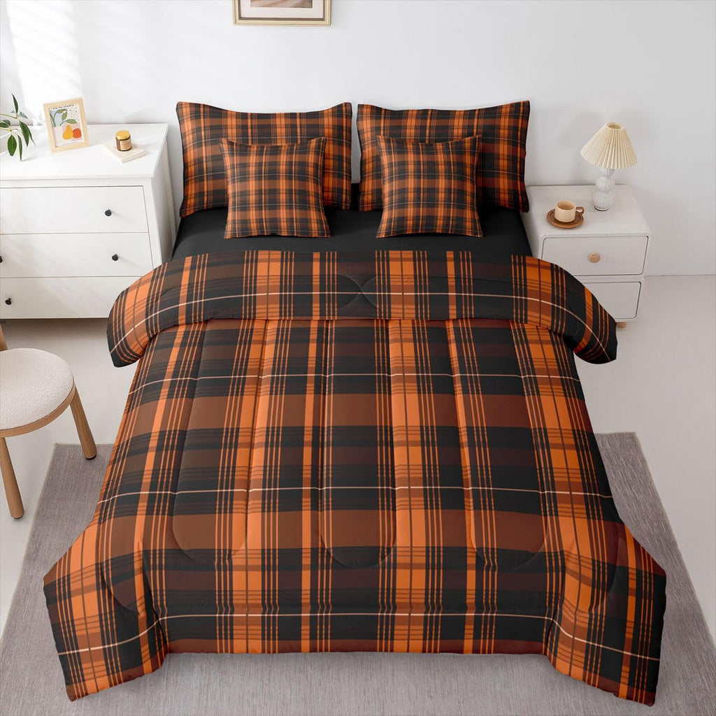 7 Piece Farmhouse Plaid Comforter Set Black Burnt Orange Classic Gingham Bedding Sets for Adults Men Women