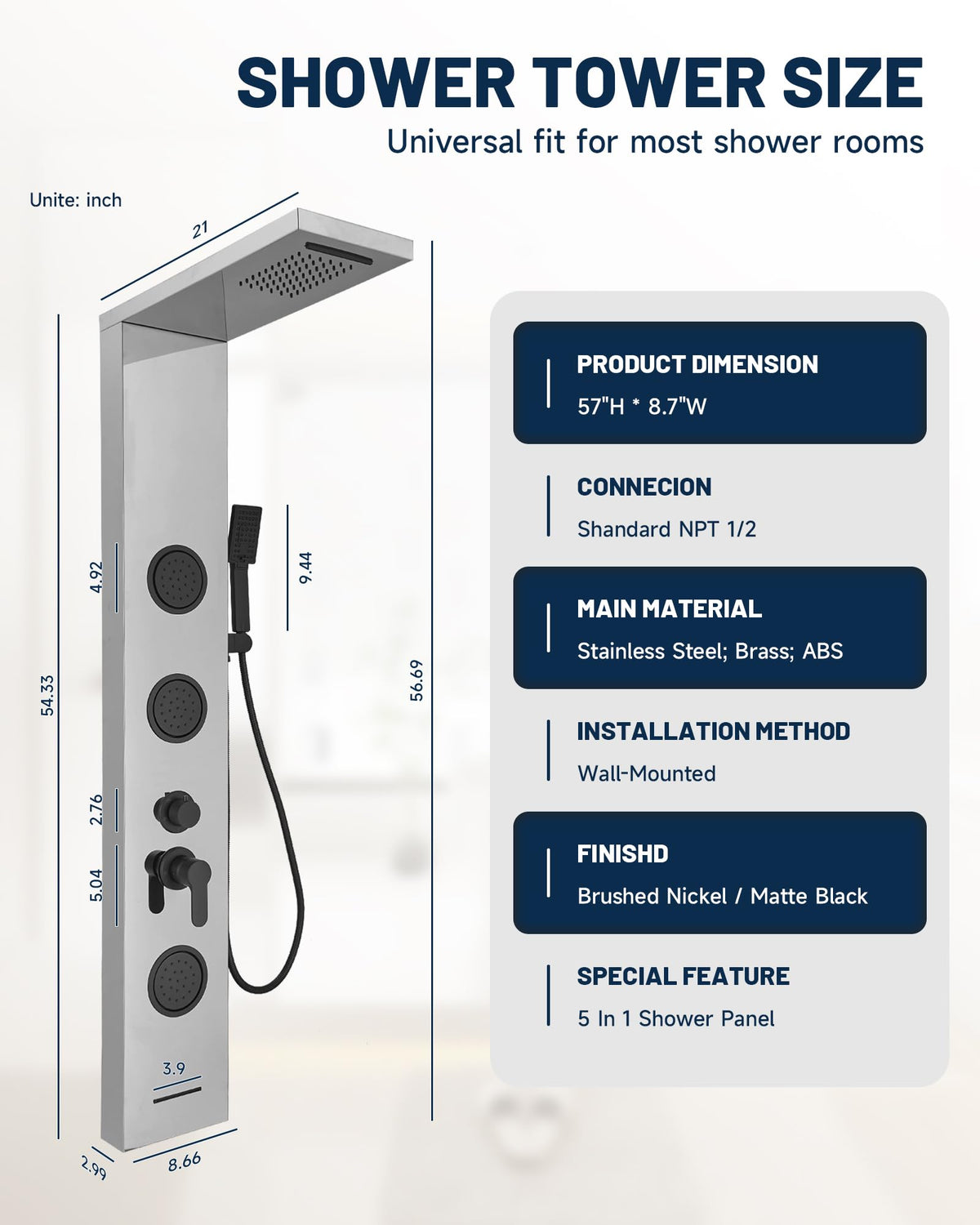 5 In 1 Shower Panel Brushed Nickel Shower Tower System