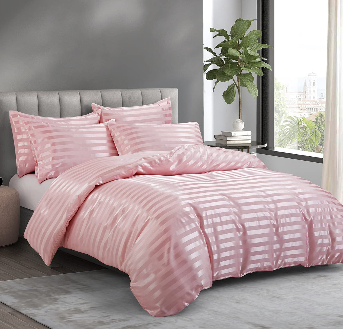 5 Pieces Blush Pink Satin Striped Duvet Cover Set