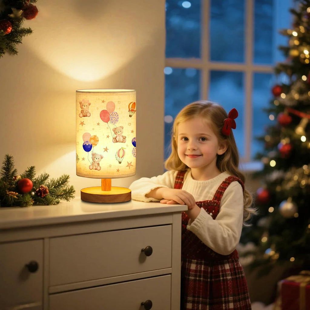 Bear Kids Table Lamp Kids Bedside Lamp with Linen Wooden Nightstand Cartoon Nursery Lampshade for Girls Boys Living