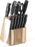 Greeley Forged High Carbon Stainless Steel 14 Piece Knife Block Set, Black Kitchen Knife Set with Acacia Wood Block