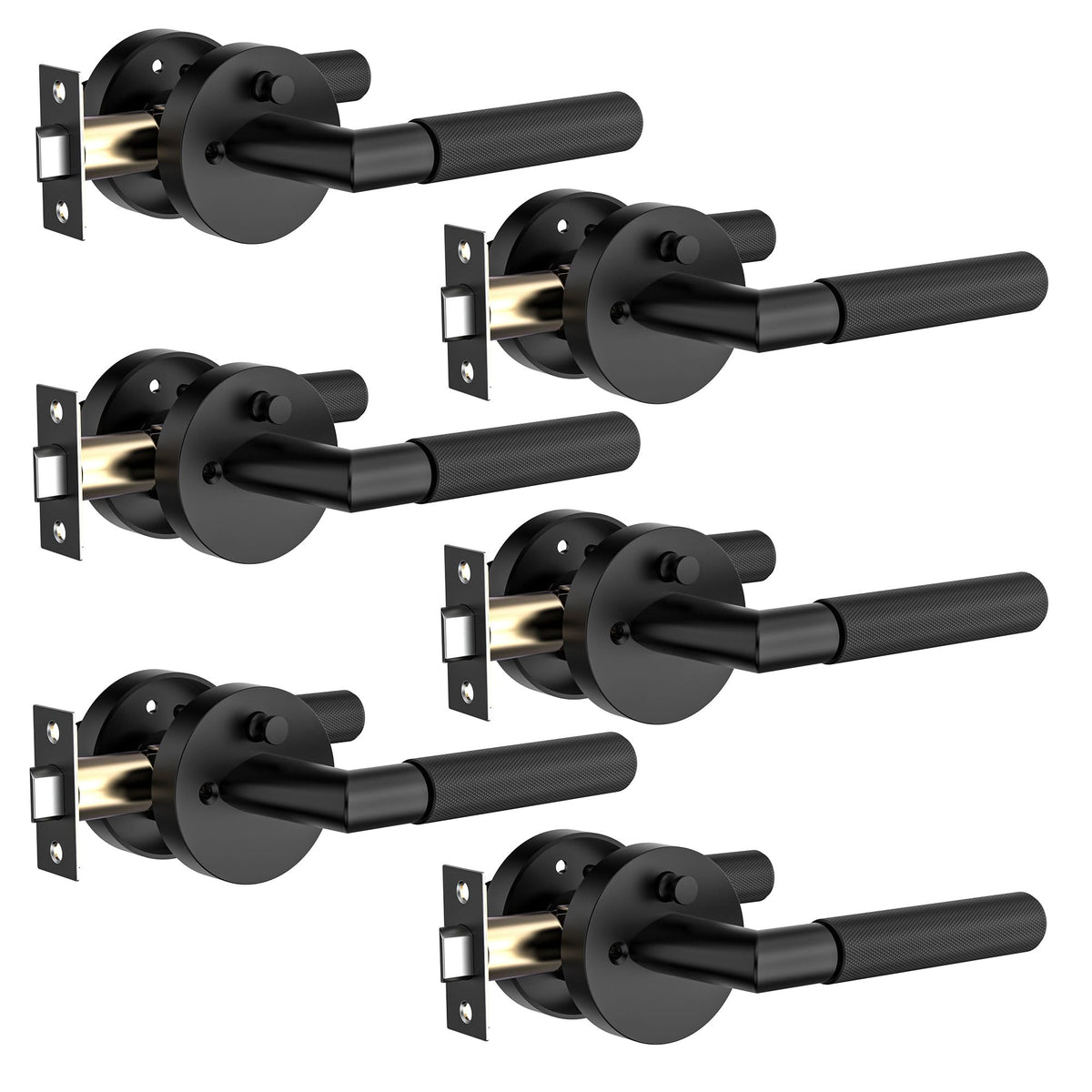6 Pack Matte Black Knurled Interior Door Handle, Privacy Lock